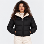 Women's black quilted puffer jacket with cream shearling collar and front pockets