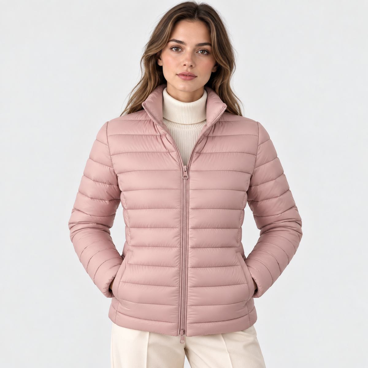 A woman wearing a light pink puffer jacket over a cream ribbed turtleneck sweater and cream trousers, photographed against a clean light gray studio background.