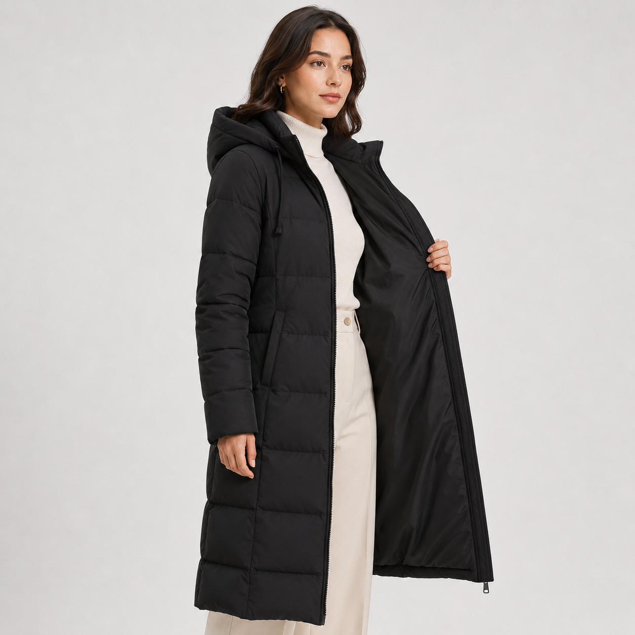 A woman modeling a long black hooded puffer coat over a cream turtleneck and cream pants, standing against a light gray studio background.