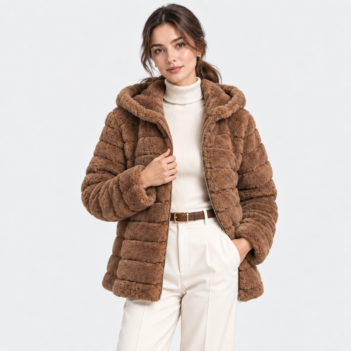 A woman modeling a brown textured faux fur puffer jacket with a hood, worn over a cream ribbed turtleneck and cream trousers, against a light gray studio background.
