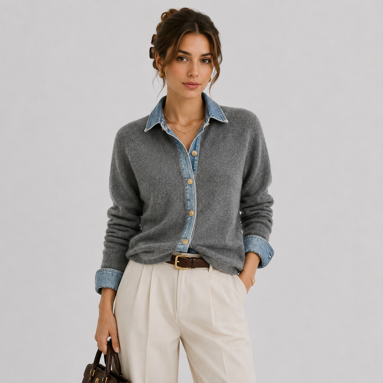 A woman models a gray knit cardigan layered over a light blue denim button-up shirt, paired with cream trousers and a brown belt, against a plain light gray studio background.