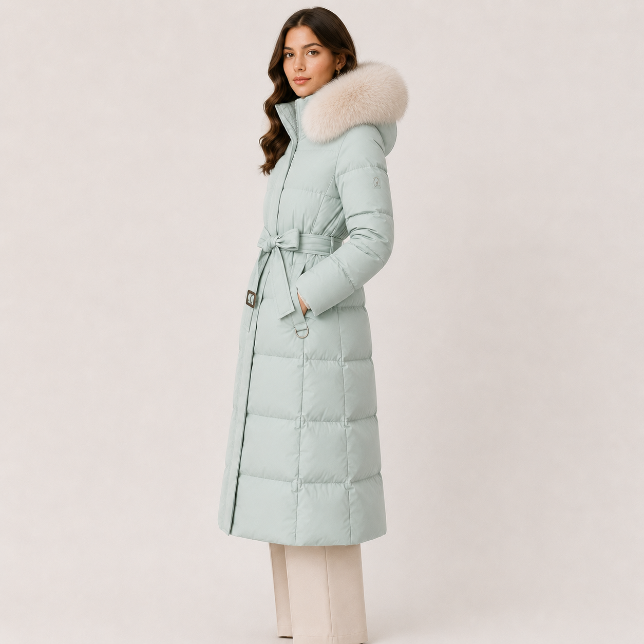A woman modeling a long, light mint green puffer coat with a large beige faux-fur trimmed hood and a matching tie belt, set against a plain light beige studio background.