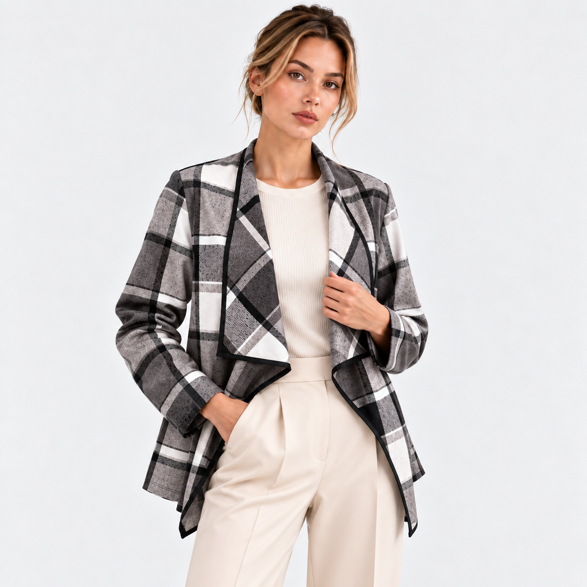Women's gray and black plaid blazer styled with a white top and pants