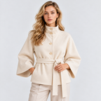 Women's cream cape coat with wide sleeves and matching waist belt