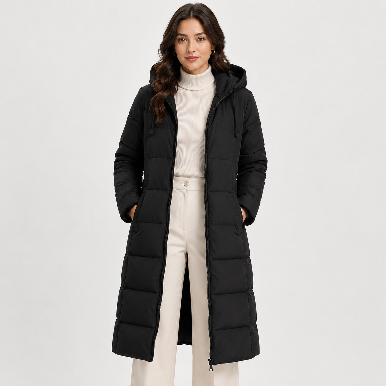 A woman wearing a long black hooded puffer coat over a cream turtleneck sweater and cream wide-leg pants, standing against a light gray studio background.