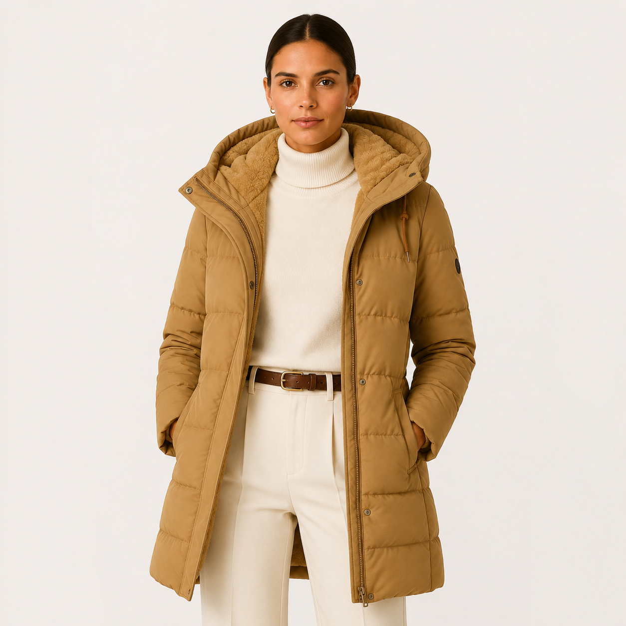 A woman modeling a mid-length tan hooded puffer jacket with a soft sherpa-lined hood, worn over a cream turtleneck and cream trousers with a brown belt, against a plain light background.