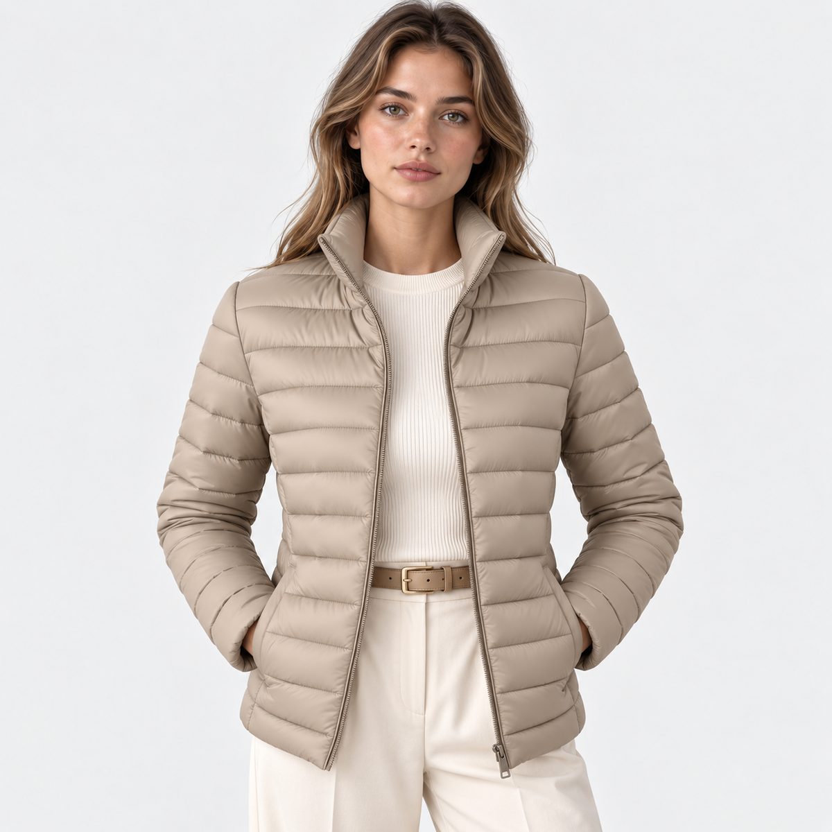 A woman modeling a light beige puffer jacket over a cream ribbed top and cream trousers, photographed against a clean light gray studio background.
