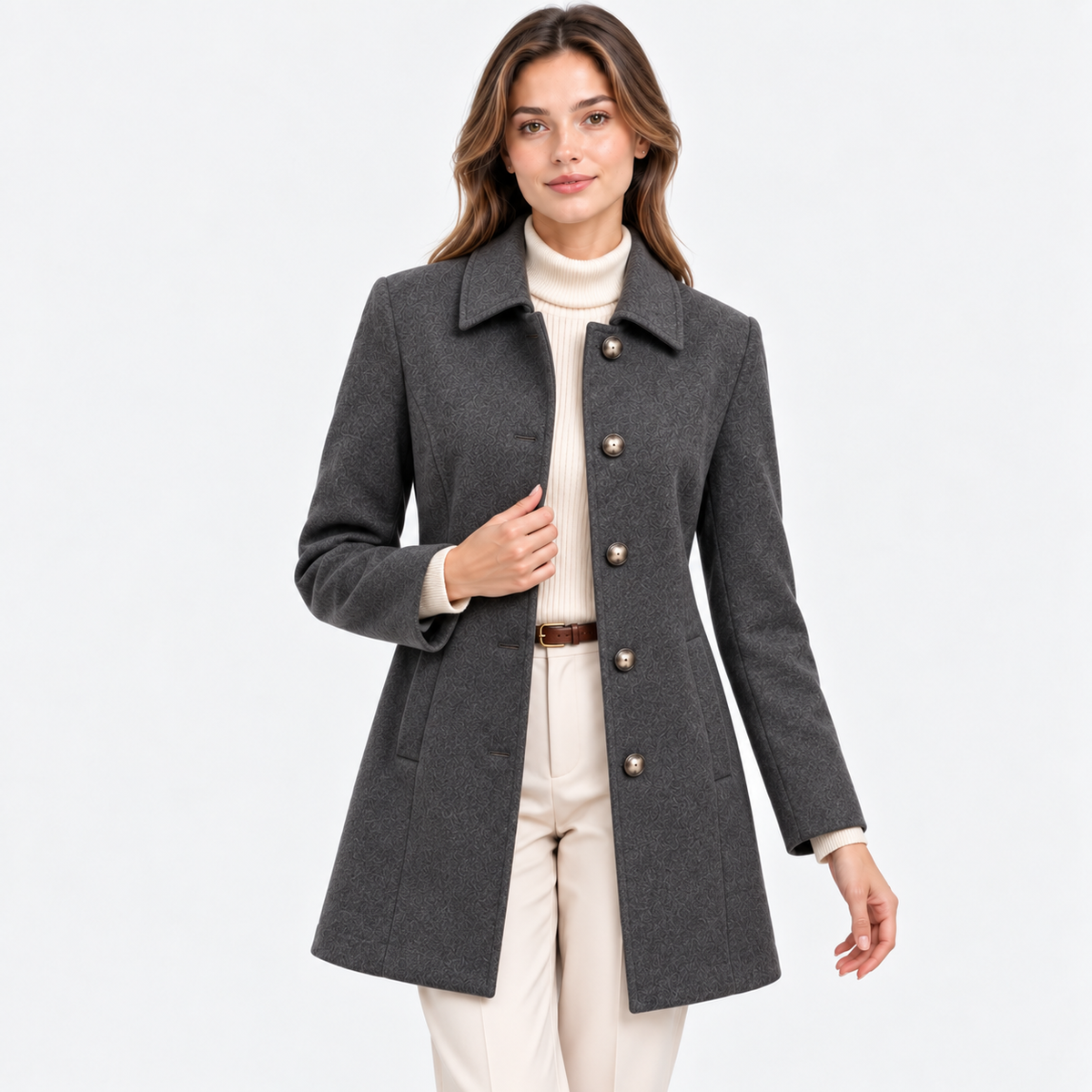 A woman modeling a dark gray wool-blend coat with gold-tone buttons, worn over a cream turtleneck and cream trousers, against a light gray studio background.