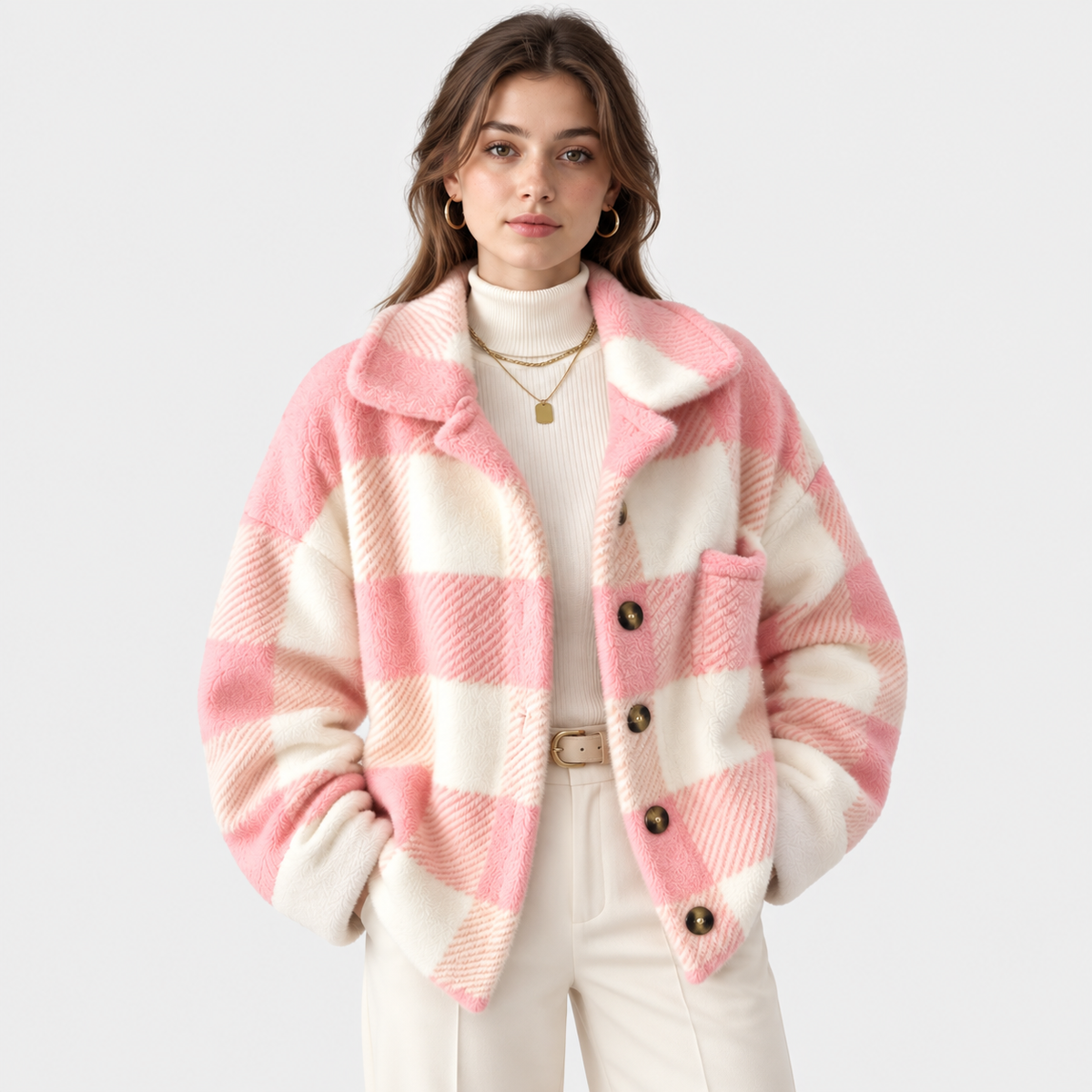 A woman wearing a pink and off-white checkered fuzzy cardigan over a cream turtleneck and cream pants, photographed against a light gray studio background.