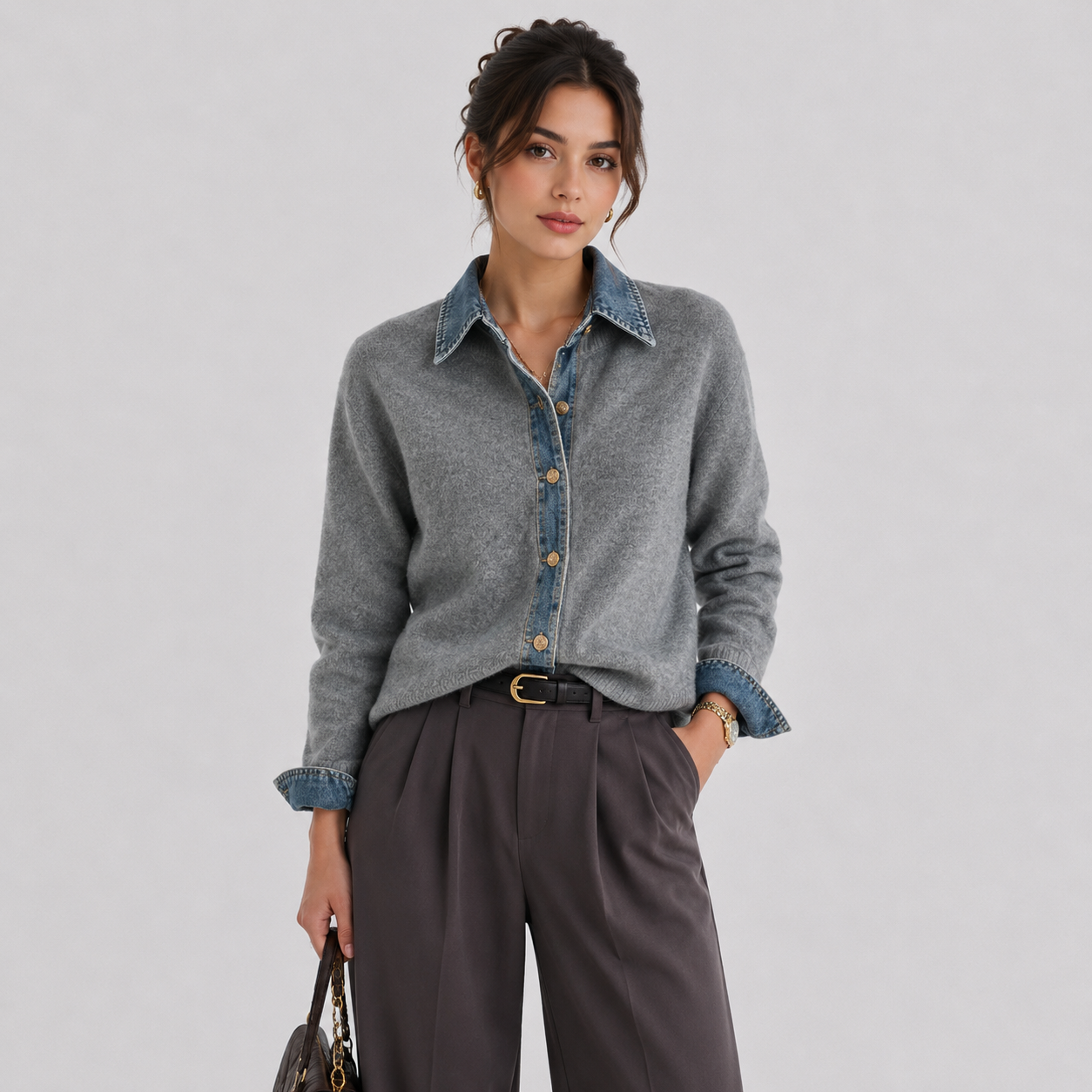 A woman models a gray knit button-up shirt with a blue denim collar, cuffs, and front placket, paired with dark gray wide-leg trousers, against a light gray studio background.