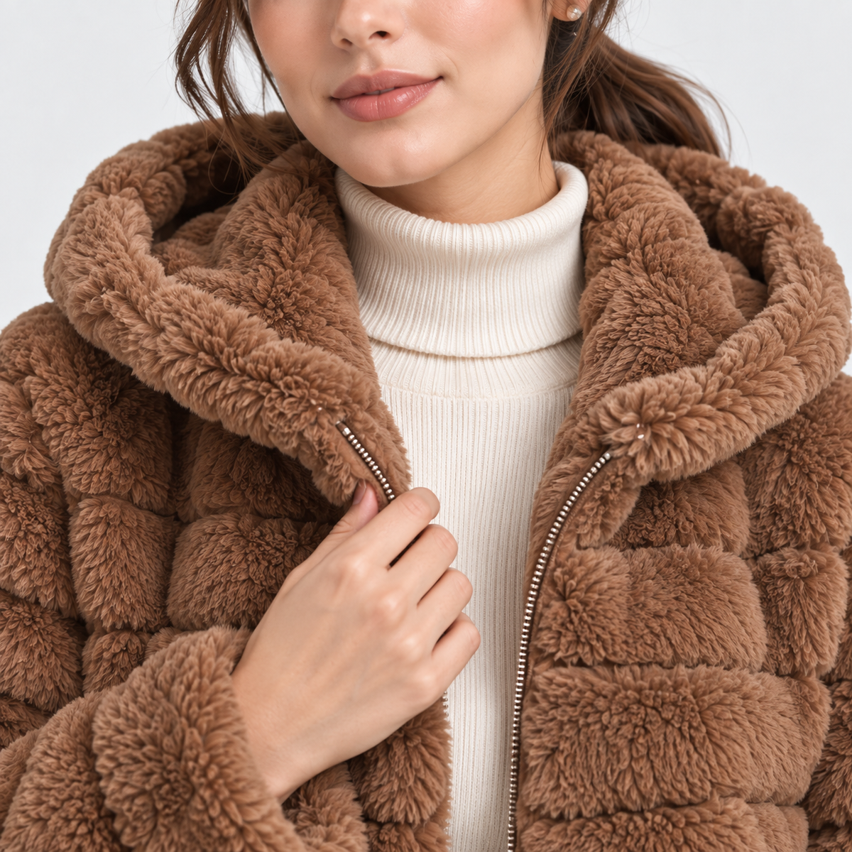 A close-up of a woman wearing a chunky brown sherpa fleece jacket with a large plush hood over a cream ribbed turtleneck sweater.