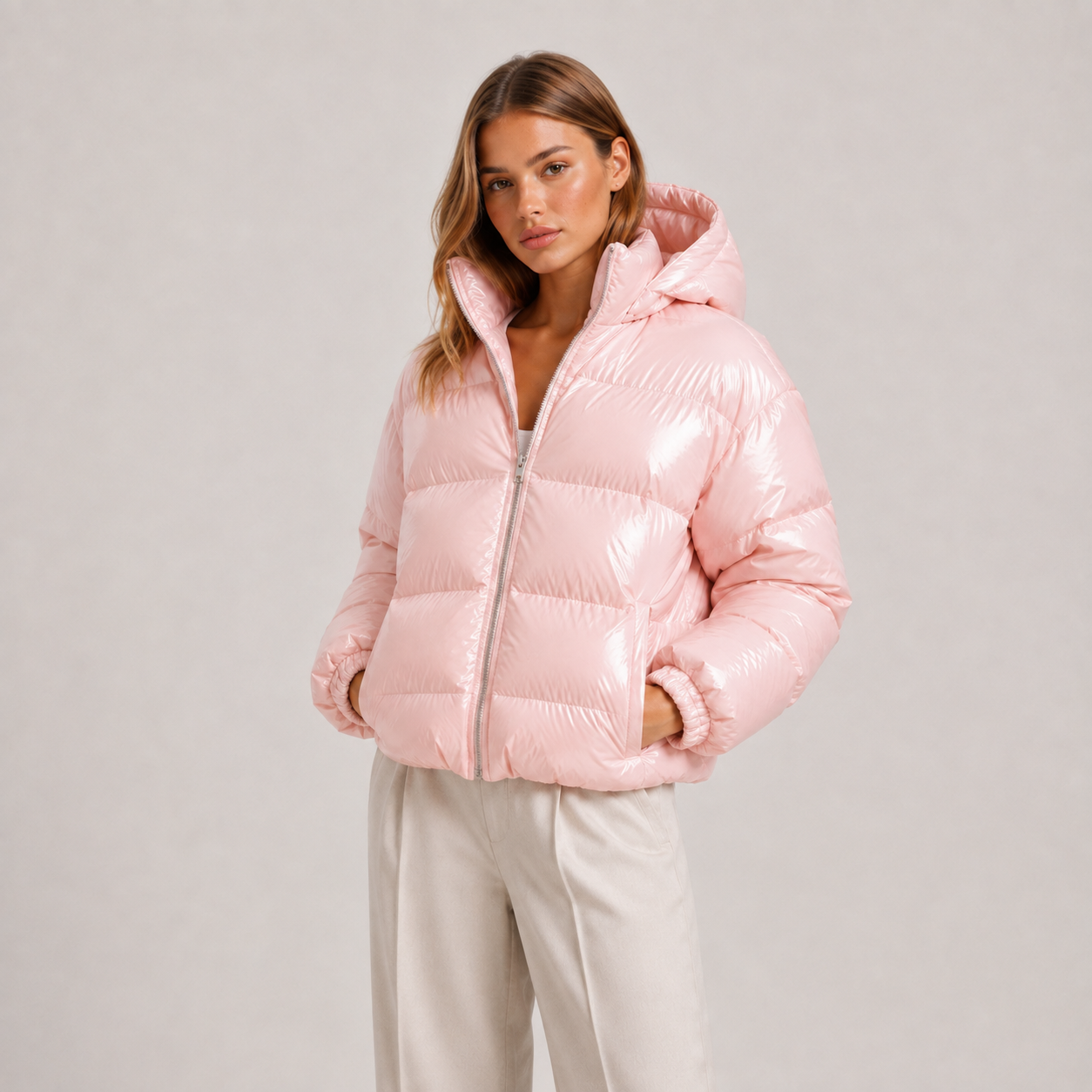 A woman wearing a shiny light pink puffer jacket with a hood and front zipper, paired with light beige pants, photographed against a plain light gray studio background.