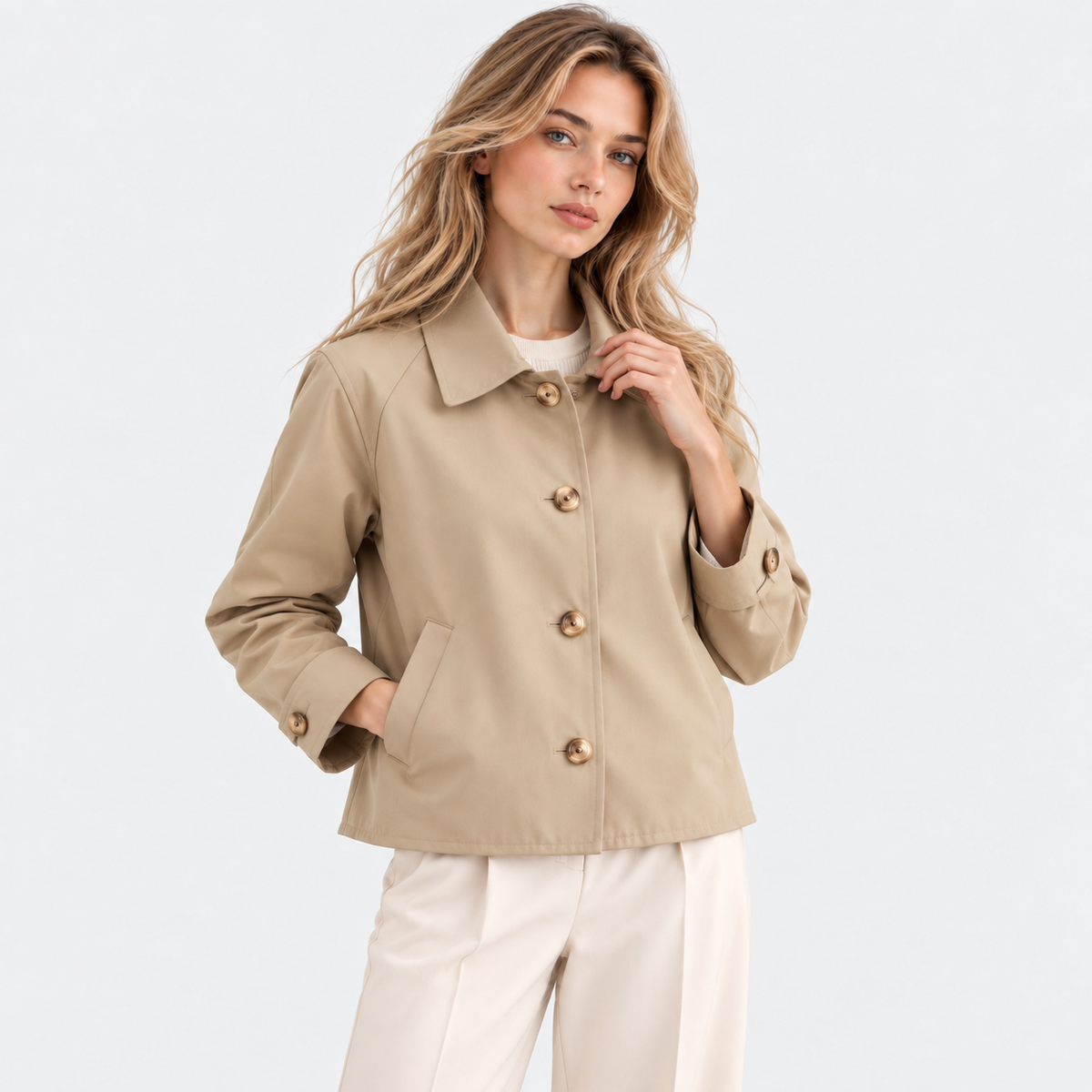 Woman styling a beige button-front jacket with white pants