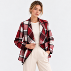 Women's red and black plaid blazer styled with a white top and pants