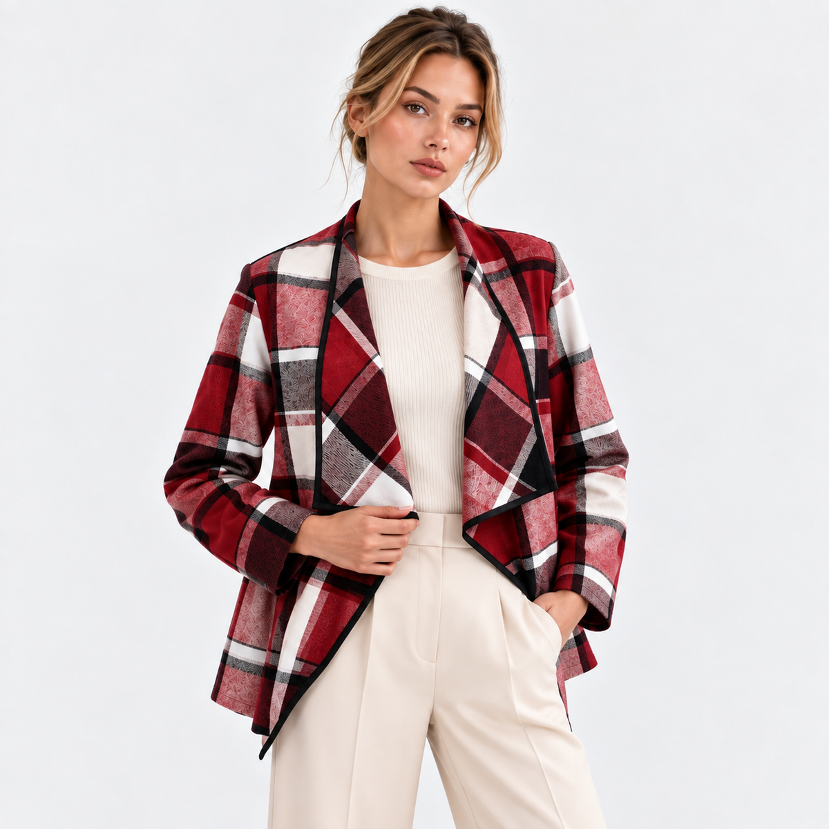 Women's red and black plaid blazer styled with a white top and pants