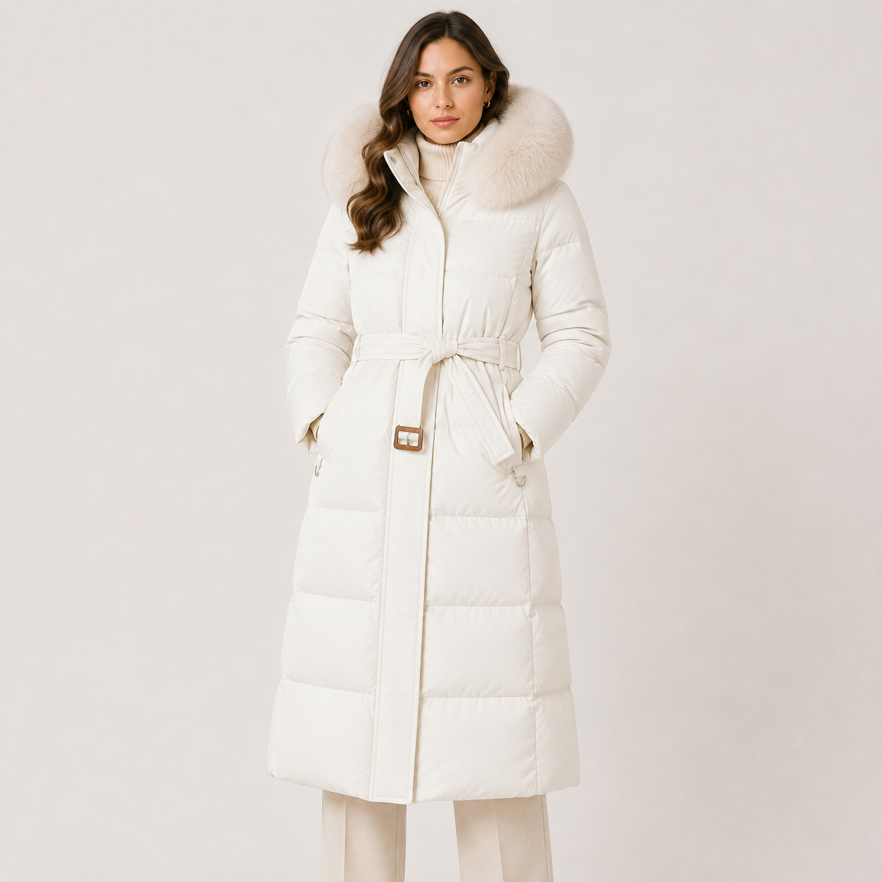 A woman wearing a long white puffer coat with a large fluffy fur-trimmed hood and a matching waist tie, photographed against a plain light studio background.