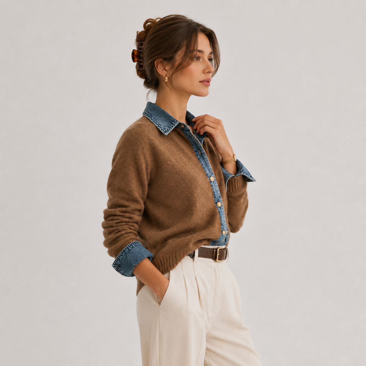 A woman models a brown knit cardigan with a blue denim collar and button placket, styled with cream trousers and a brown belt against a light gray studio background.