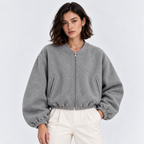 Women's gray zip-up bomber jacket with ribbed cuffs, collar, and hem