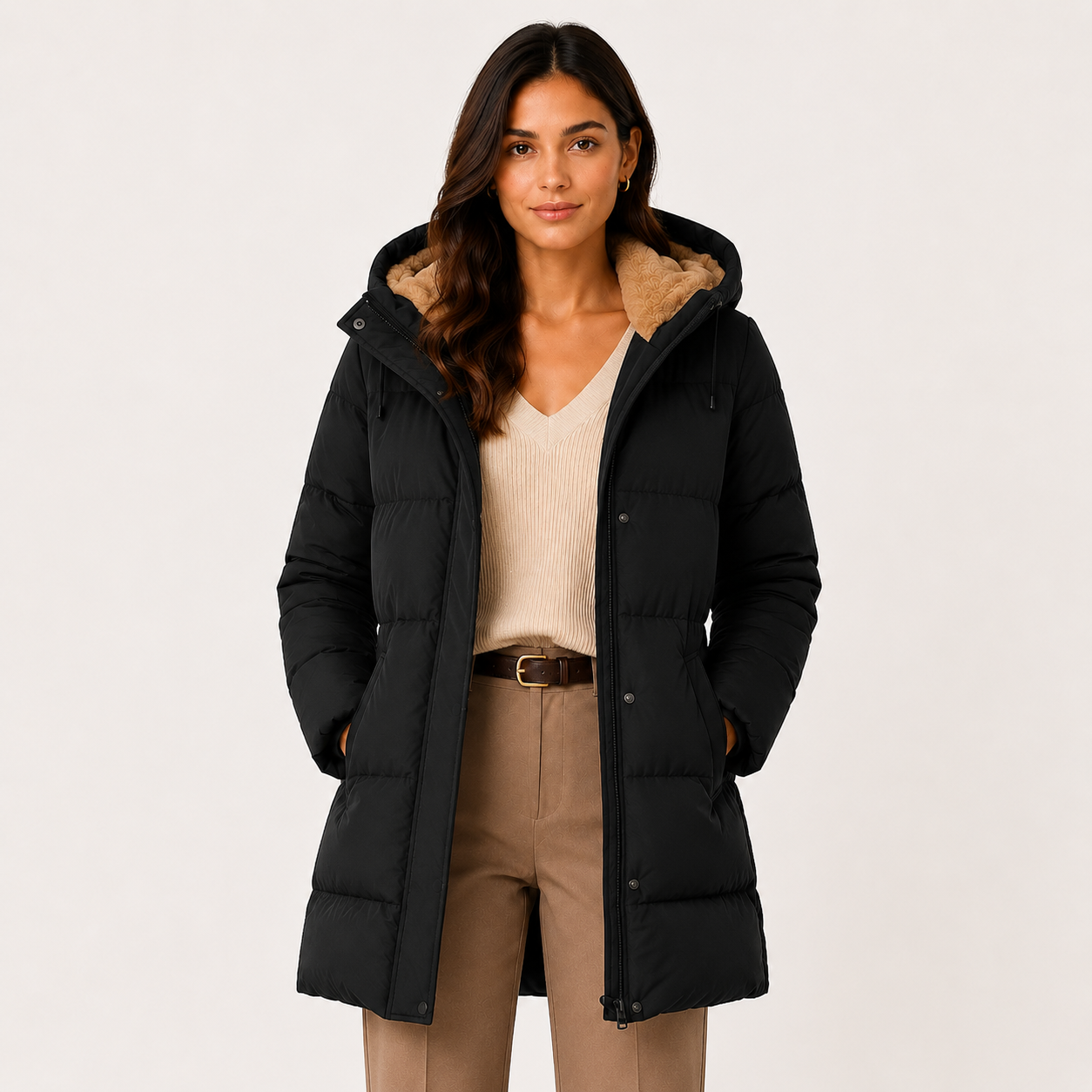 A woman wearing a black hooded puffer jacket with a tan sherpa-lined hood, styled over a cream ribbed sweater and tan trousers, photographed against a plain light gray studio background.