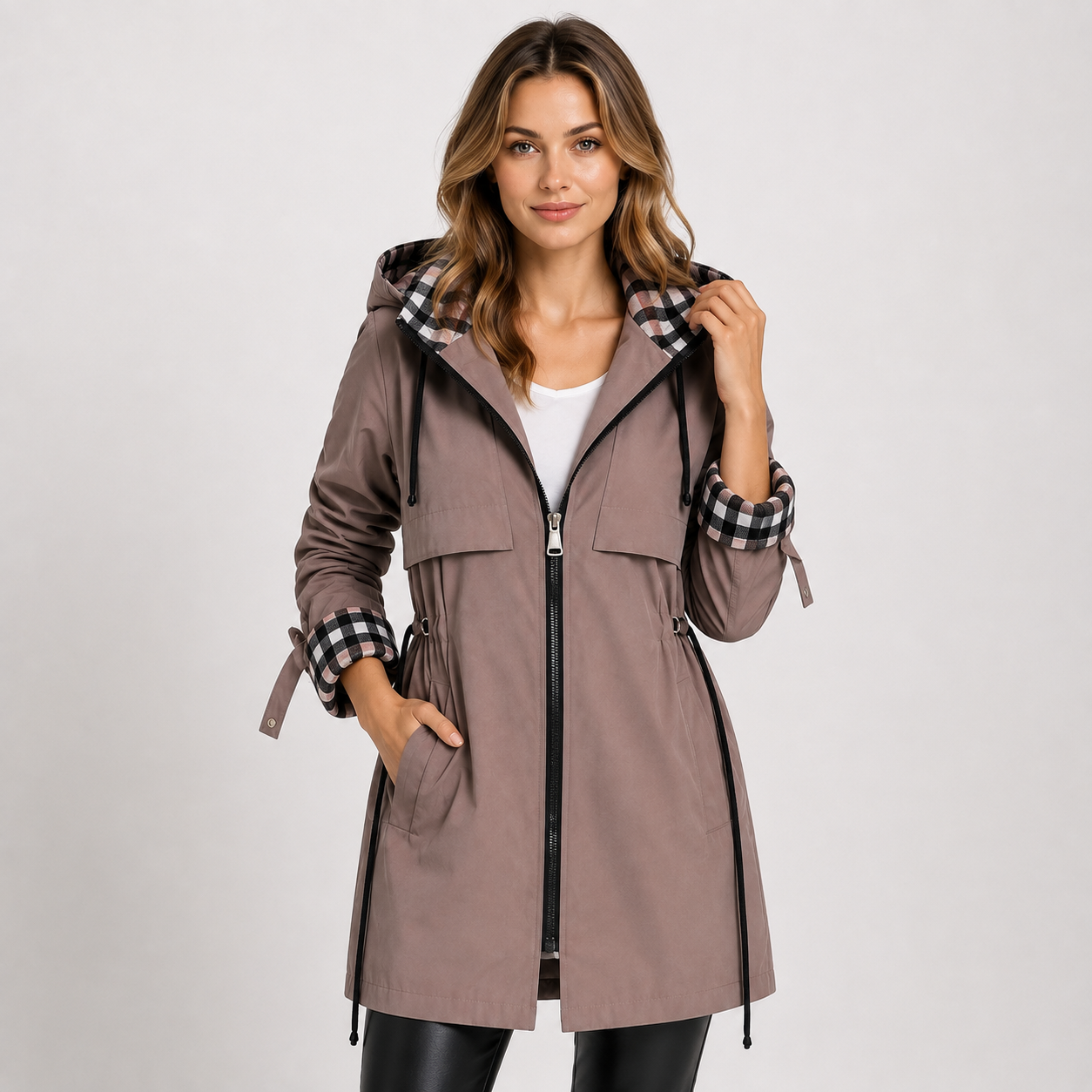 A woman modeling a mid-length hooded raincoat in taupe with a black and beige plaid lining on the hood and cuffs, paired with a white top and black pants against a light gray studio background.