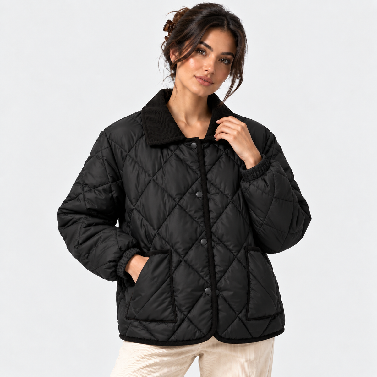 A woman wearing a black diamond-quilted puffer jacket with a contrasting black fleece collar, paired with light beige pants, photographed against a clean white studio background.