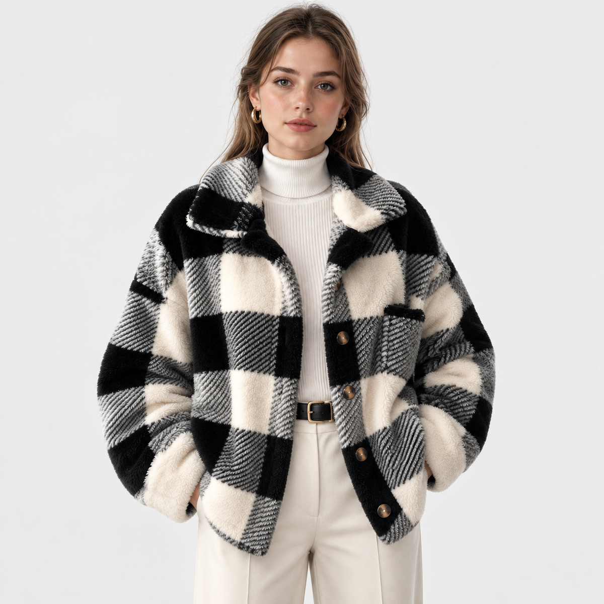 A woman modeling a black and off-white buffalo plaid fuzzy faux fur jacket over a white ribbed turtleneck sweater and cream trousers, shot against a solid light gray background.