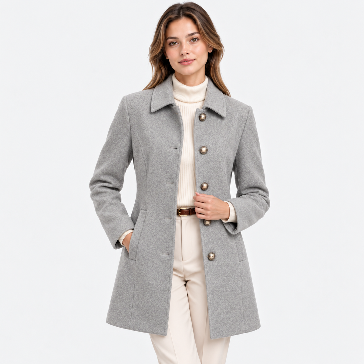 A woman modeling a light gray wool-blend coat with large decorative buttons, worn over a cream turtleneck and cream pants against a plain white studio background.