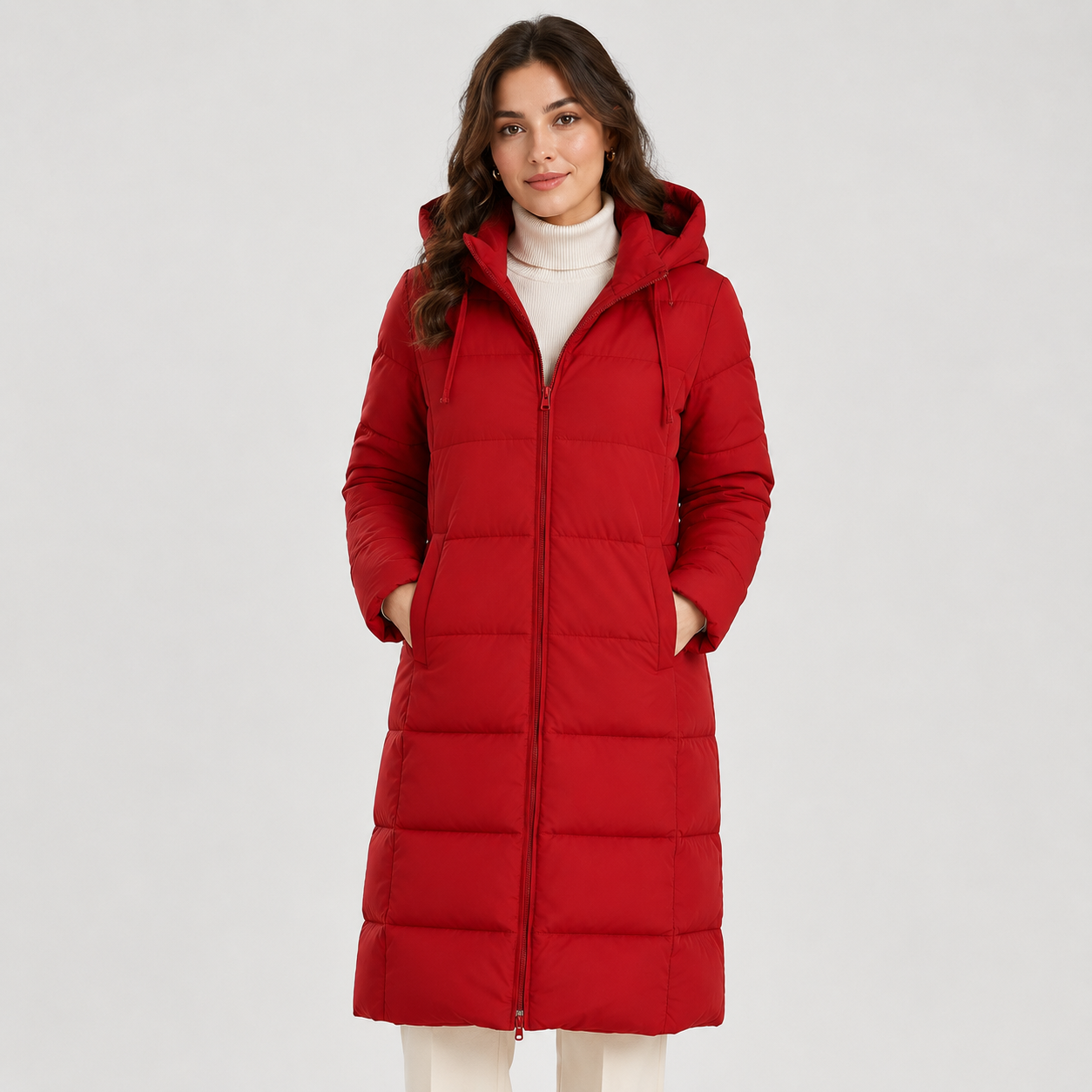 A woman wearing a long red hooded puffer coat over a cream turtleneck sweater, standing against a light gray studio background.