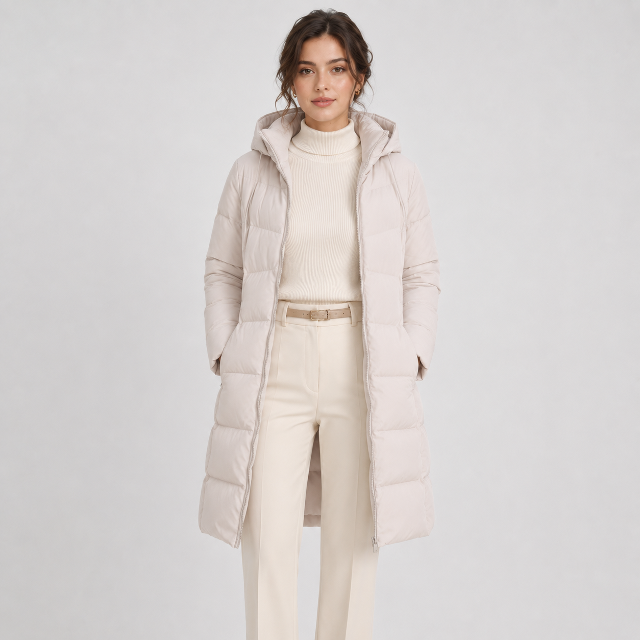 A woman modeling a long, light beige hooded puffer coat over a cream turtleneck sweater and matching cream trousers, photographed against a clean light gray studio background.