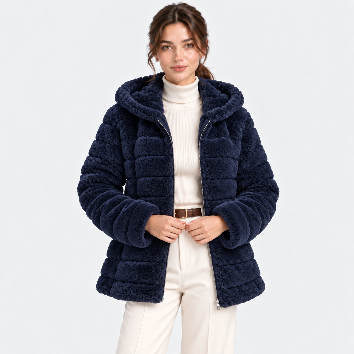 A woman modeling a navy blue sherpa fleece puffer jacket with a high collar, worn over a cream ribbed turtleneck and cream trousers, against a light gray studio background.