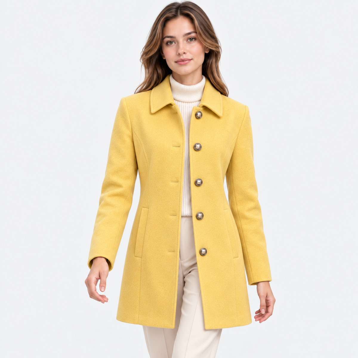 A woman modeling a bright yellow wool-blend coat with a collar, front buttons, and flap pockets, worn over a cream turtleneck and cream pants, against a light gray studio background.