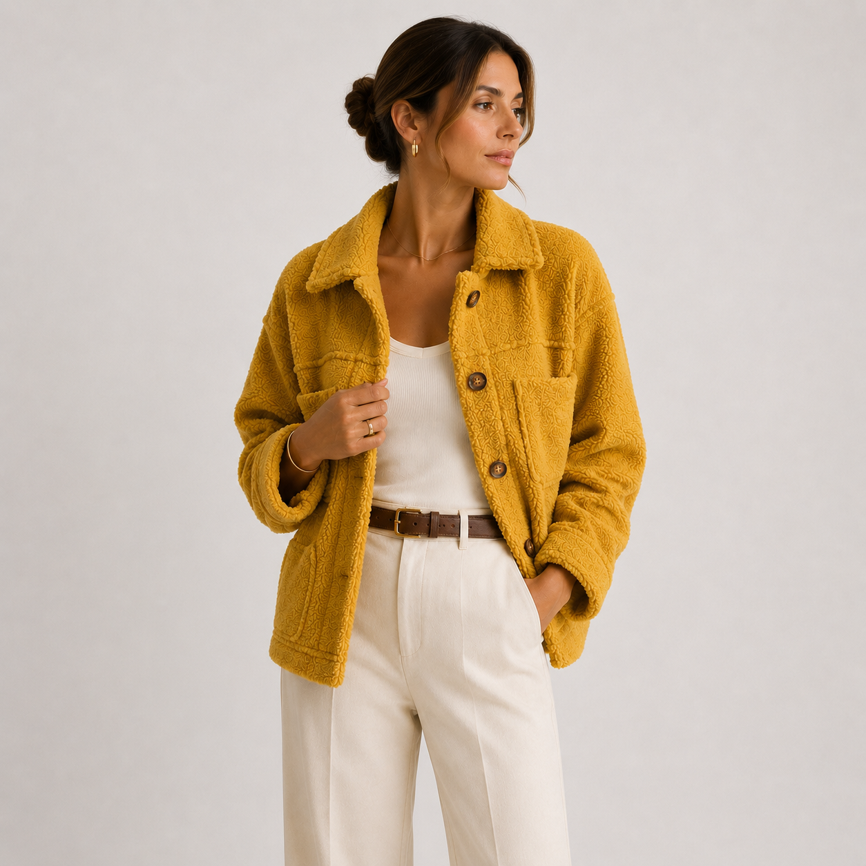 A woman wearing a mustard yellow sherpa fleece button-up jacket over a white top and white trousers, standing against a light gray studio background.