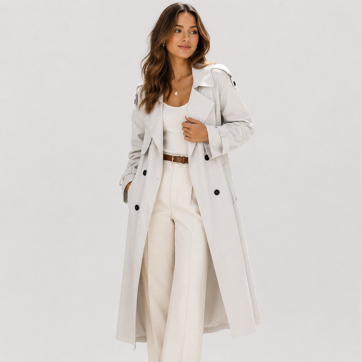 A woman modeling a long light gray double-breasted trench coat over a white top and white wide-leg trousers, photographed against a plain light gray studio background.
