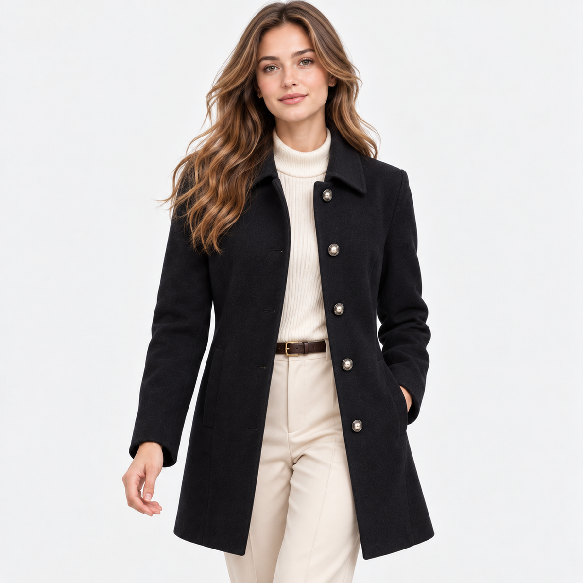 A woman modeling a black mid-length coat over a cream ribbed turtleneck and cream trousers, photographed against a clean white studio background.