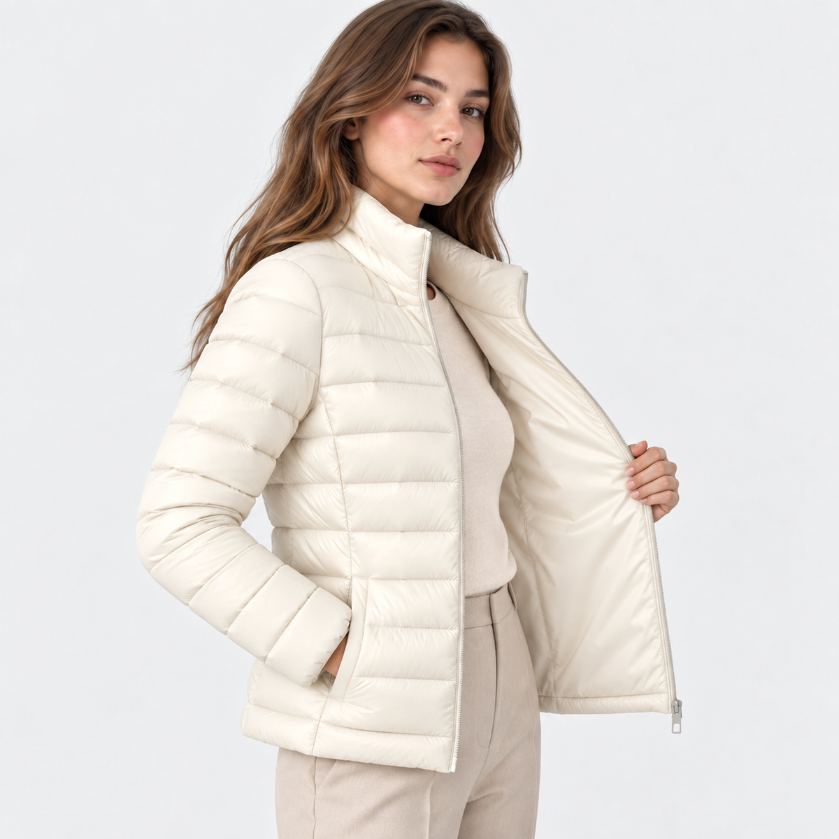 A woman modeling a cream-colored puffer jacket with a high stand-up collar, shown against a plain light gray studio background.