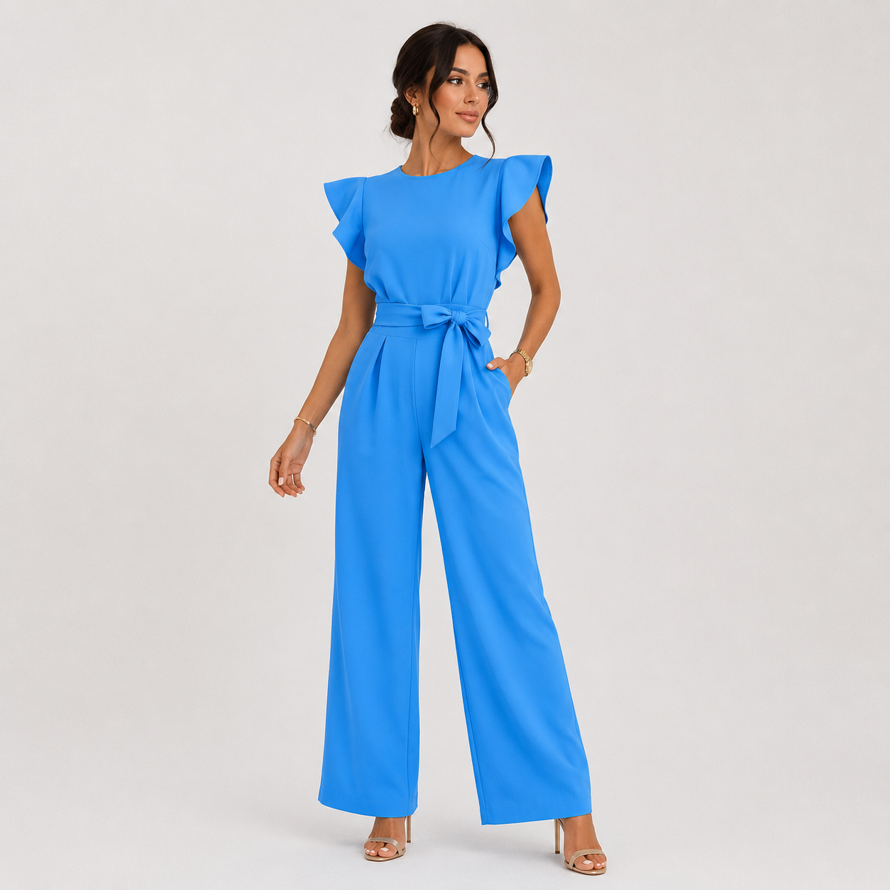 A woman modeling a bright blue wide-leg jumpsuit with ruffled cap sleeves and a matching waist tie, photographed against a plain light gray studio background.