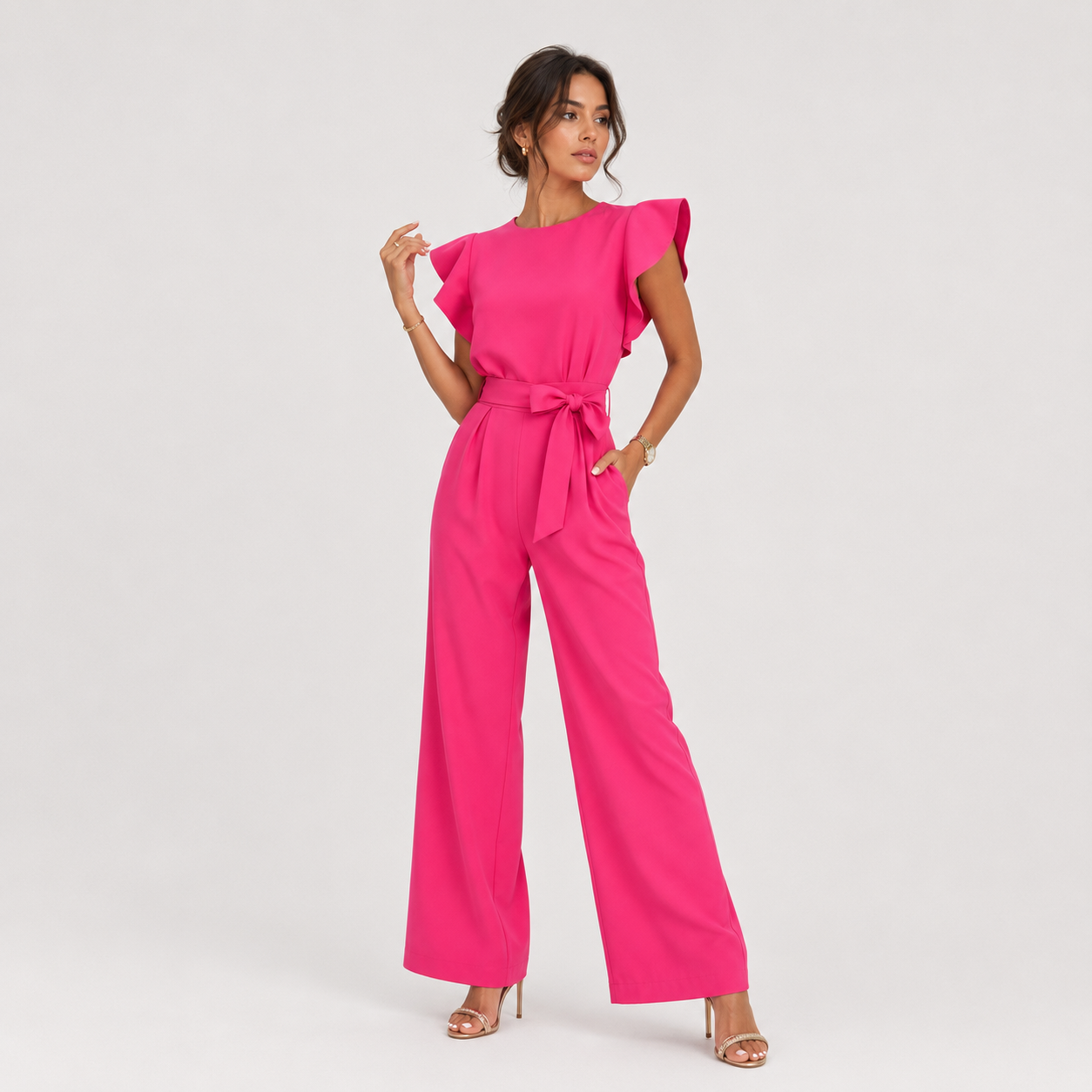 A woman modeling a bright pink one-piece jumpsuit with ruffled cap sleeves, a tie waist, and wide legs, photographed against a clean light gray studio background.