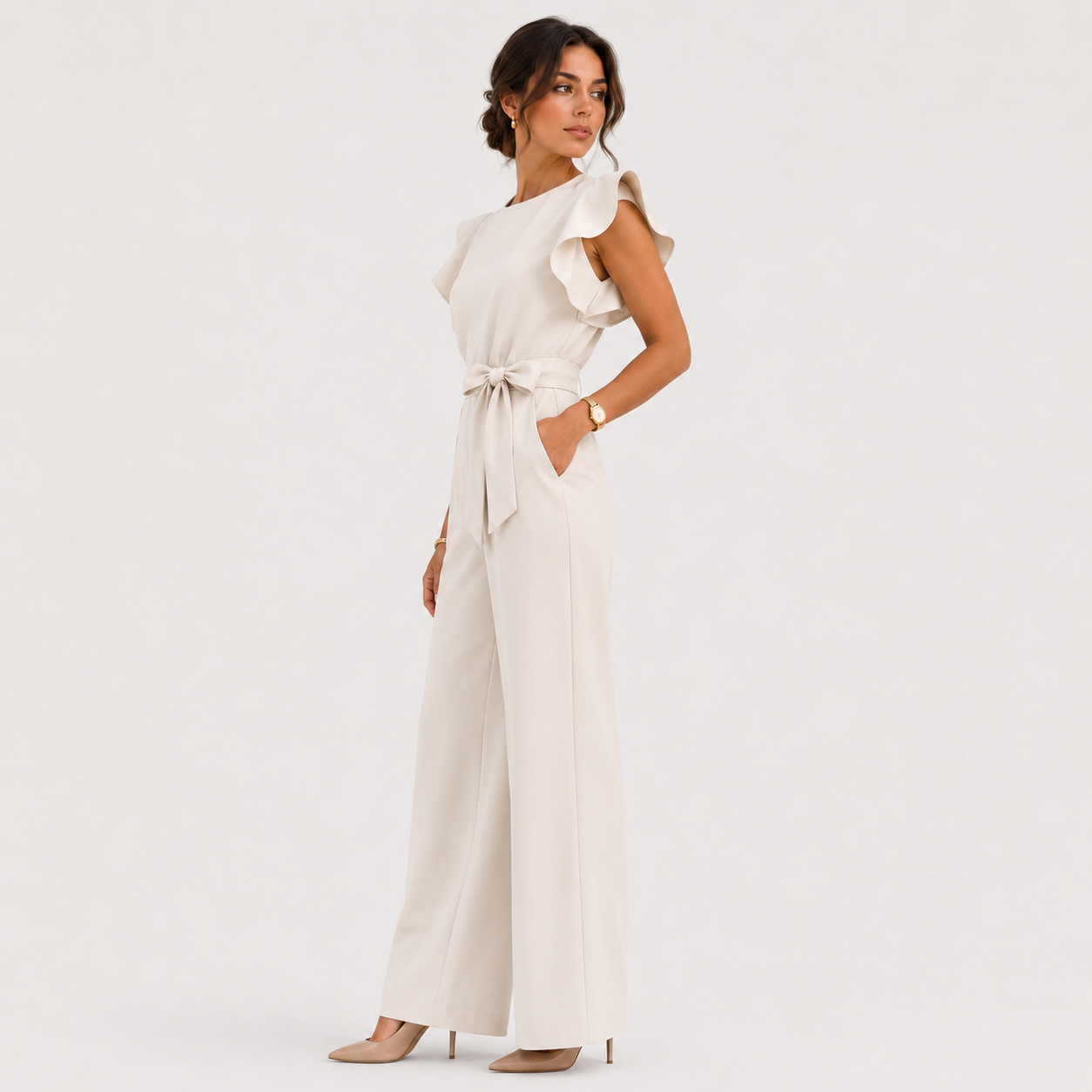 A woman models a cream-colored one-shoulder jumpsuit with ruffled detailing on the shoulder, a matching waist tie, and wide-leg pants, set against a plain light gray studio background.