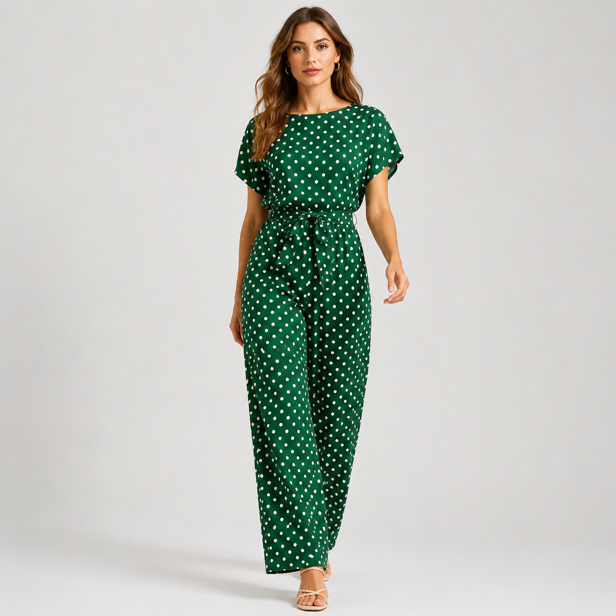 A woman modeling a green one-piece jumpsuit with a white polka dot pattern, featuring short flutter sleeves, a boat neckline, and a matching fabric tie belt at the waist, set against a plain light gray studio background.