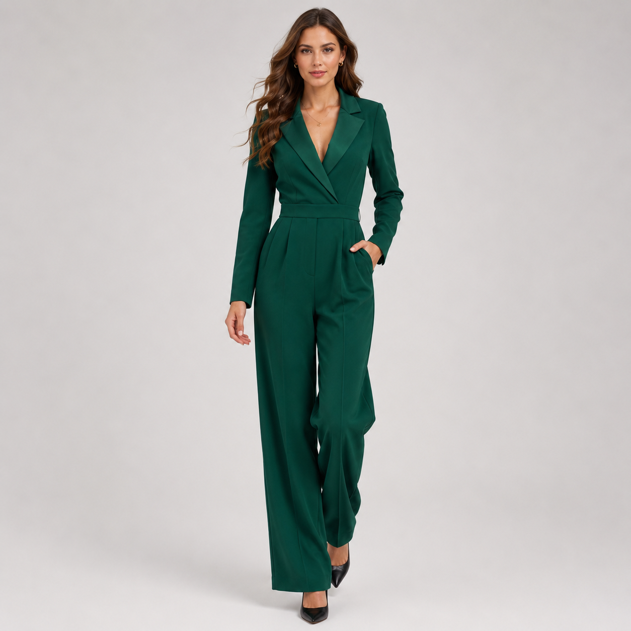 A woman modeling a dark green wrap-style blazer jumpsuit with wide legs, shown against a plain light gray studio background.