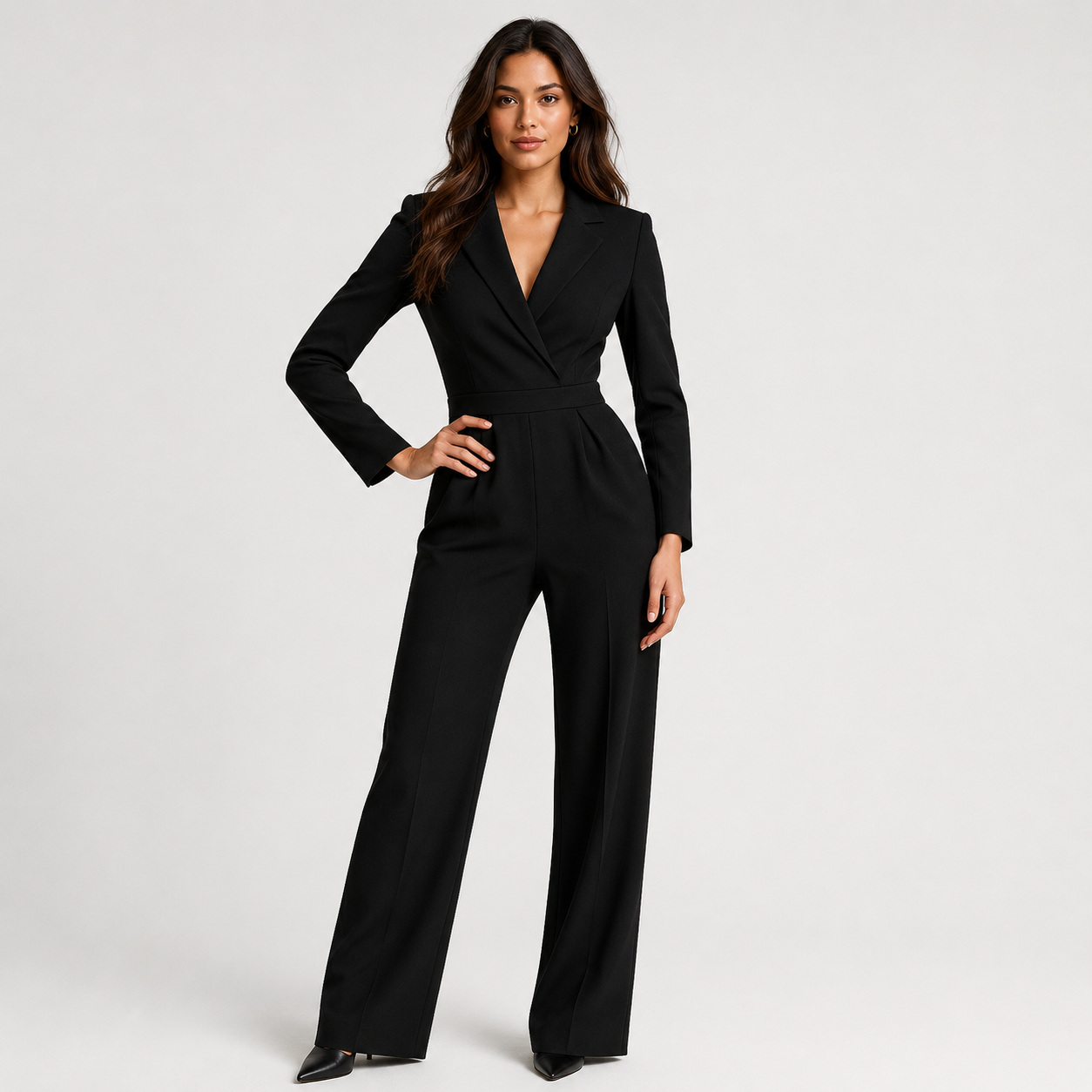 A woman modeling a black long-sleeve wrap-style jumpsuit with wide legs, photographed against a clean light gray studio background.