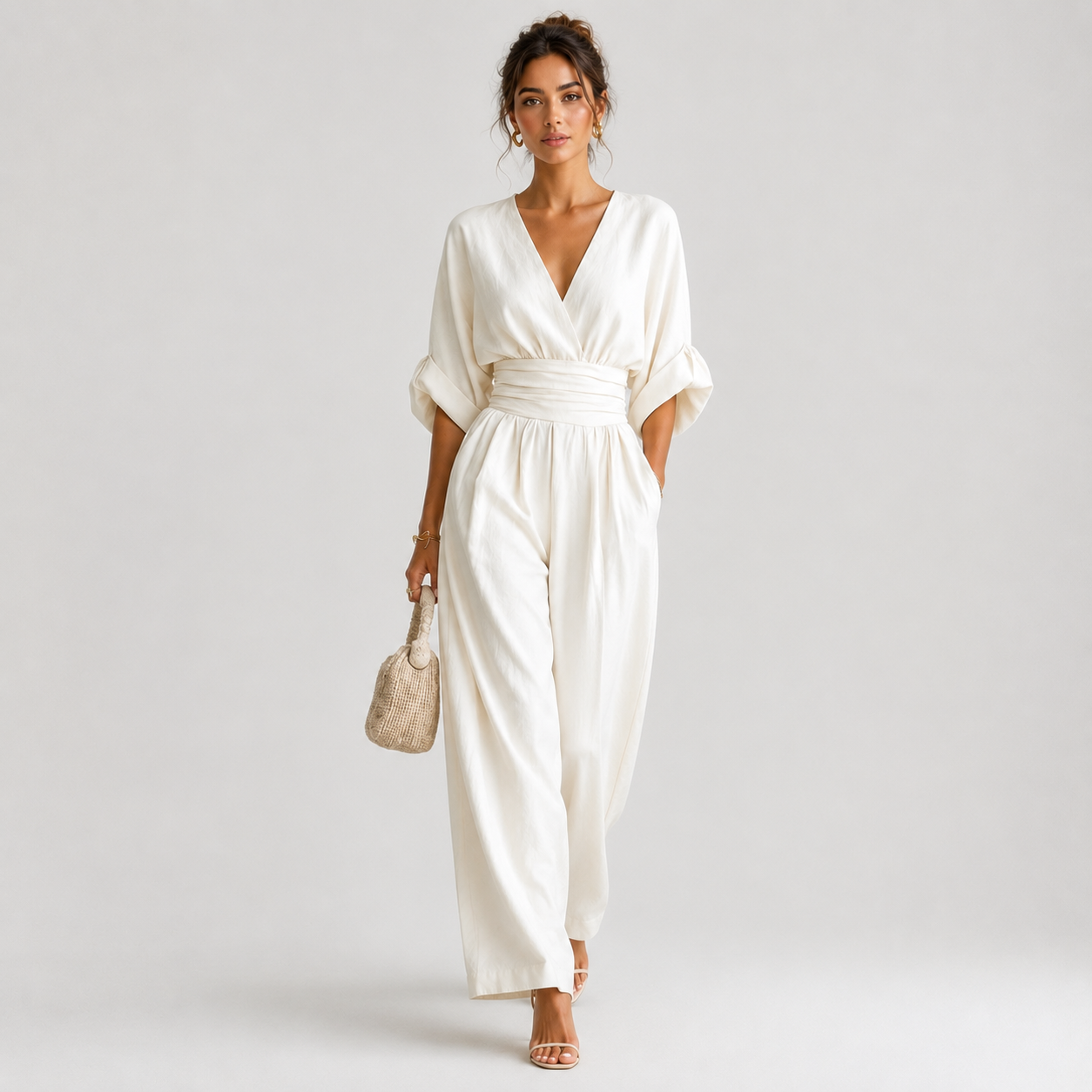A woman models a white wrap-style jumpsuit with elbow-length sleeves, a defined waistband, and wide legs, holding a small beige handbag against a plain light gray studio background.