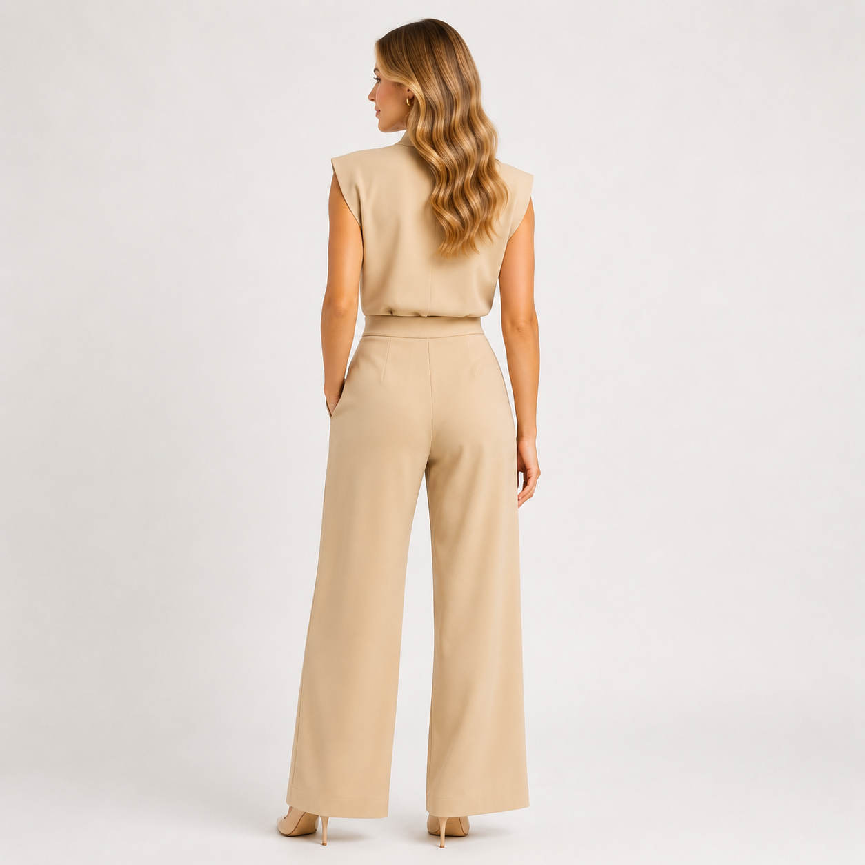 A woman shown from the back wearing a beige sleeveless top and matching wide-leg trousers, photographed against a clean light gray studio background.