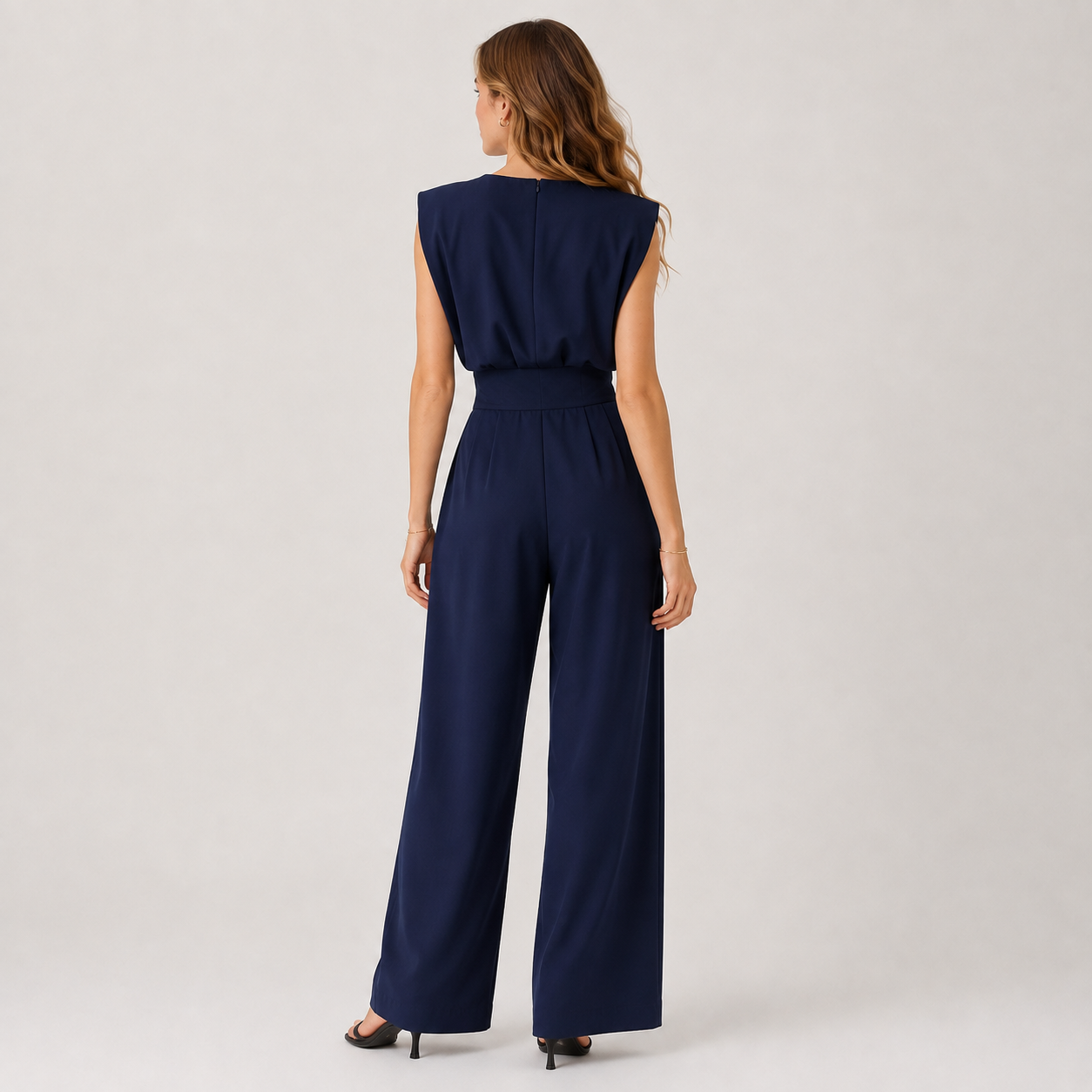 A woman viewed from the back wearing a sleeveless navy jumpsuit with a defined waistband and wide legs, standing against a light gray studio background.