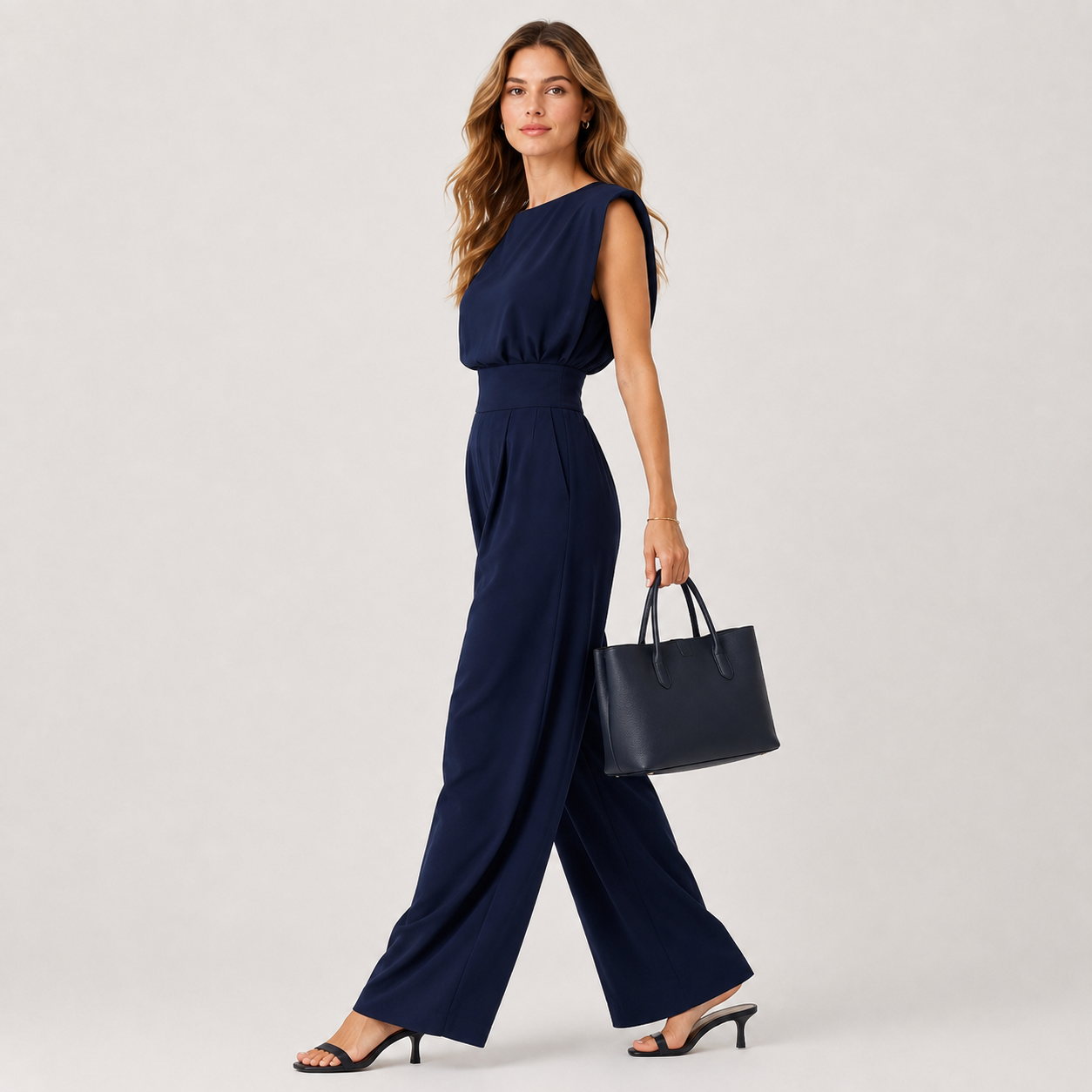 A woman modeling a navy blue sleeveless jumpsuit with wide legs, holding a matching navy blue tote bag against a light gray studio background.