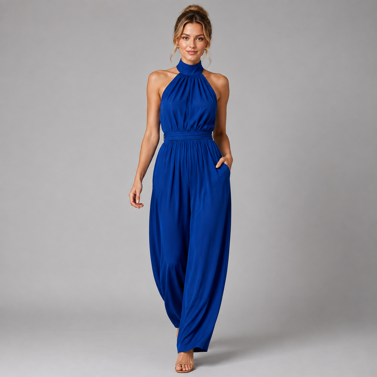 A woman modeling a royal blue halter-neck jumpsuit with a gathered waist and wide, flowing legs, standing against a neutral gray studio background.