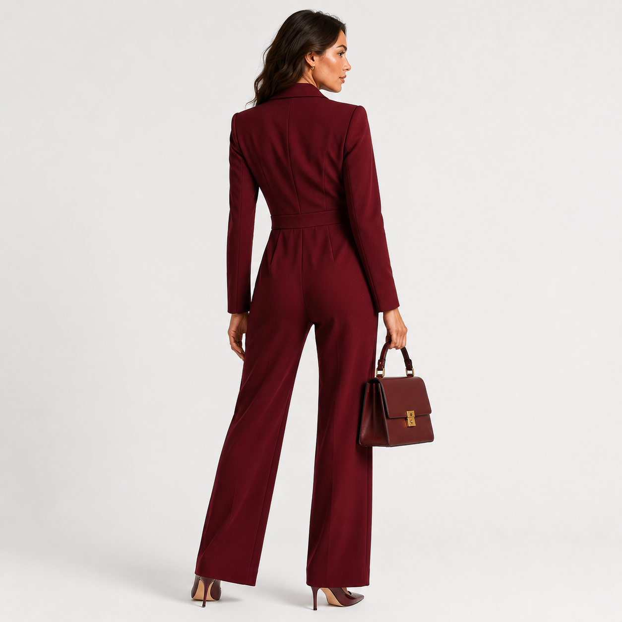 A woman stands with her back to the camera wearing a deep burgundy wide-leg jumpsuit and holding a matching burgundy handbag against a plain light gray studio background.