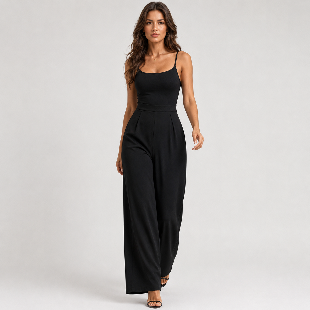A woman modeling a black sleeveless jumpsuit with thin spaghetti straps, a square neckline, a defined waist, and wide-leg pants, photographed against a light gray studio background.