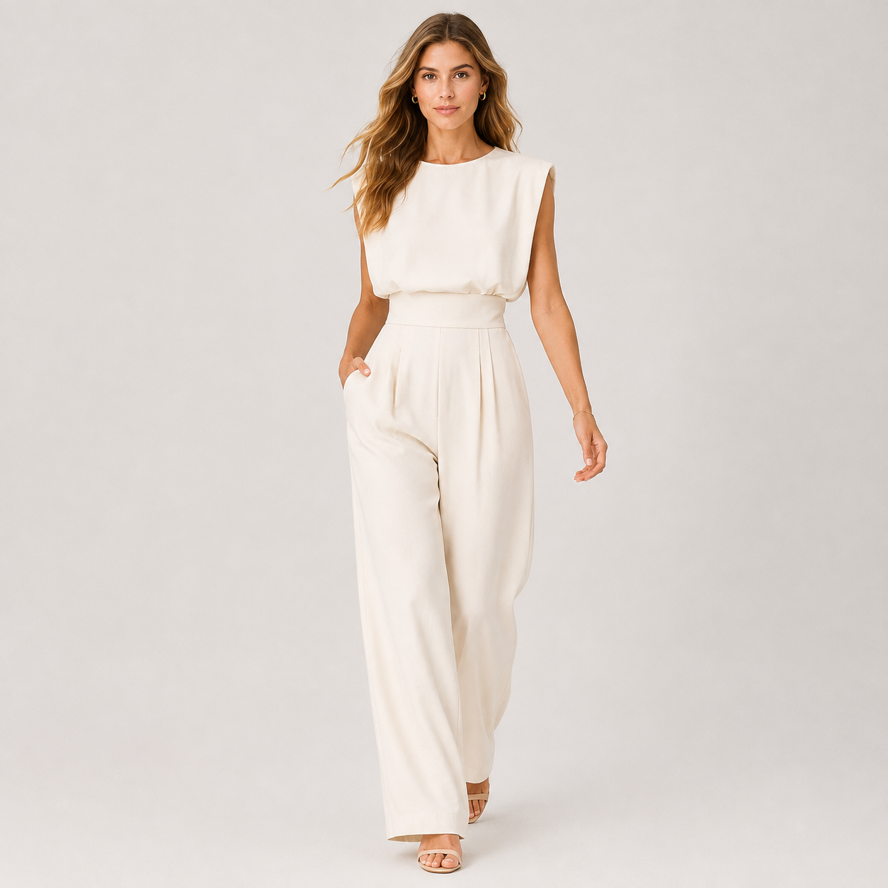 A woman modeling a sleeveless cream-colored jumpsuit with a high-waisted, wide-leg design, set against a plain light gray studio background.