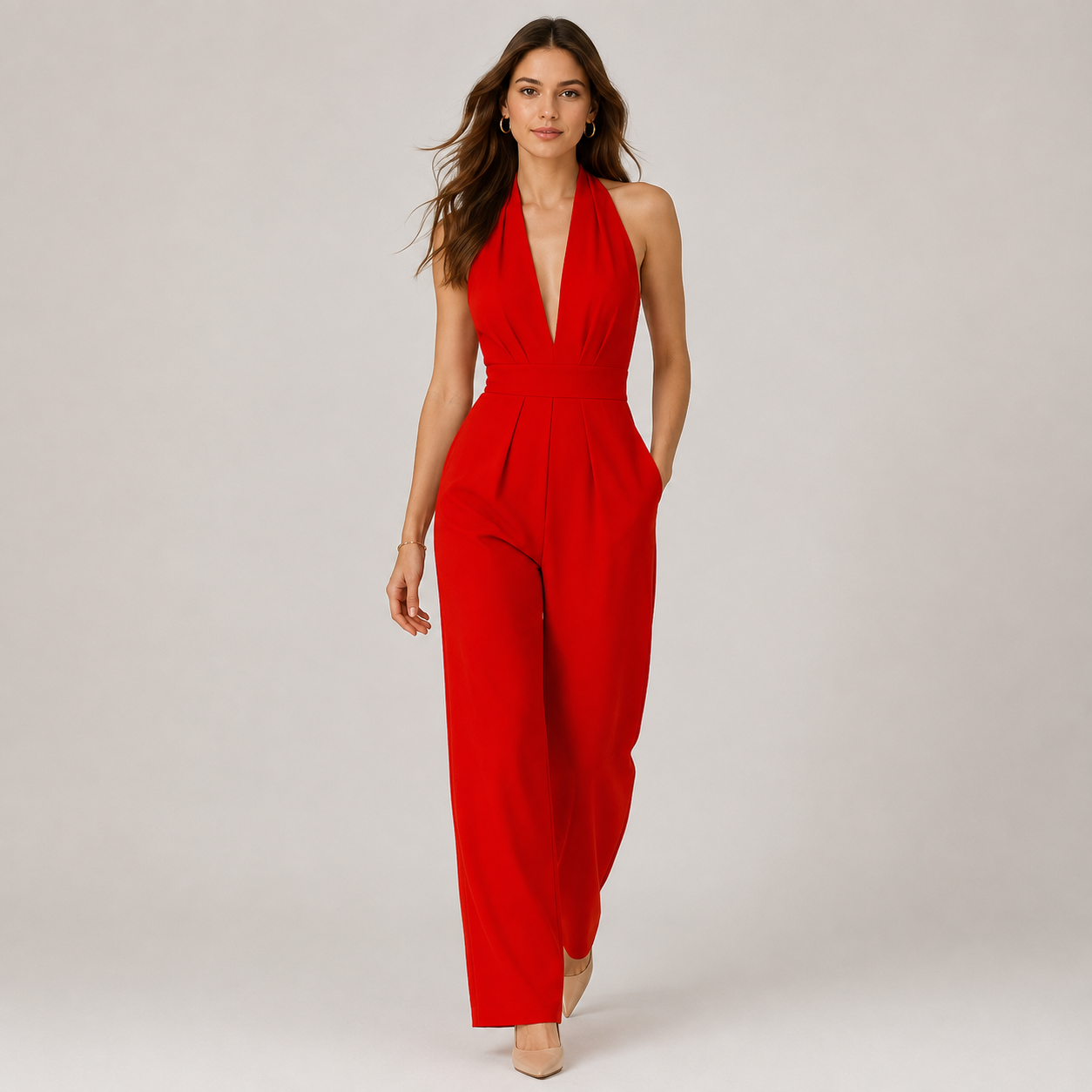 A woman modeling a bright red sleeveless halter jumpsuit with a deep V-neckline and wide-leg pants, photographed against a neutral light gray studio background.